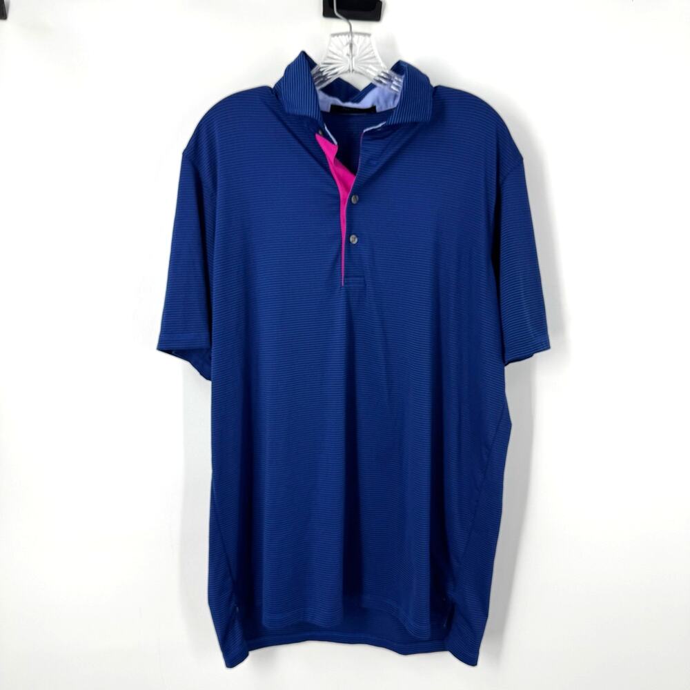 Greyson Striped Golf Polo Shirt Men's L Blue Pink Stretch Performance Wolf Logo
